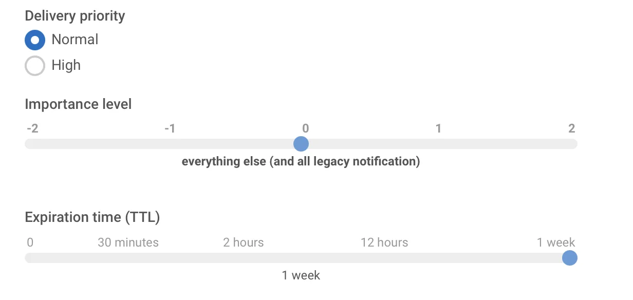 Android 高级设置,显示发送优先级、重要性级别、过期时间和通知渠道选项