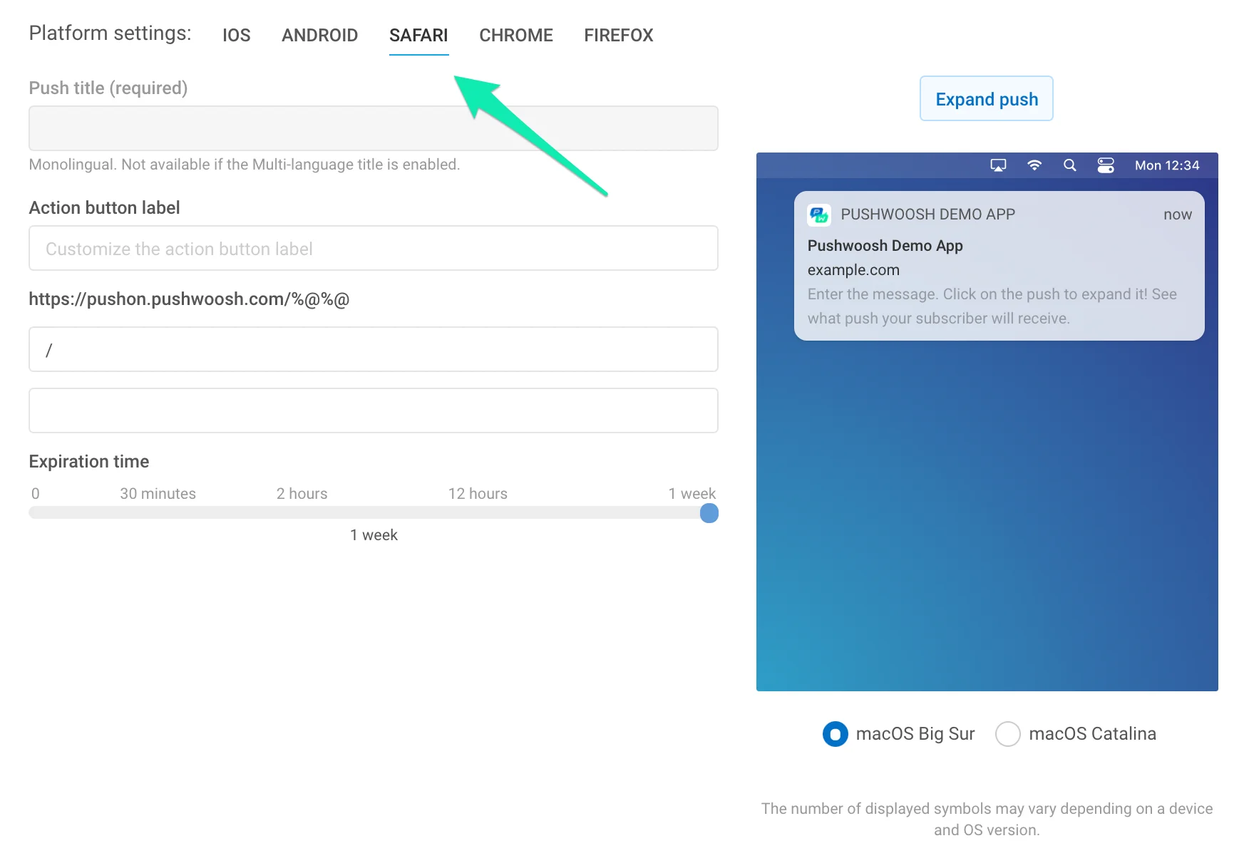 Safari 推送通知设置表单,显示标题、操作按钮标签、URL 字段和过期时间选项
