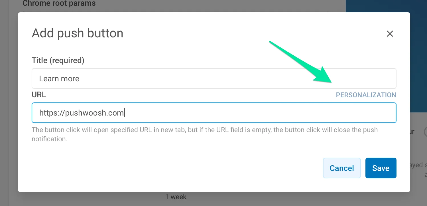 Chrome 按钮 URL 配置,显示 URL 输入字段旁的“个性化”按钮,用于动态内容