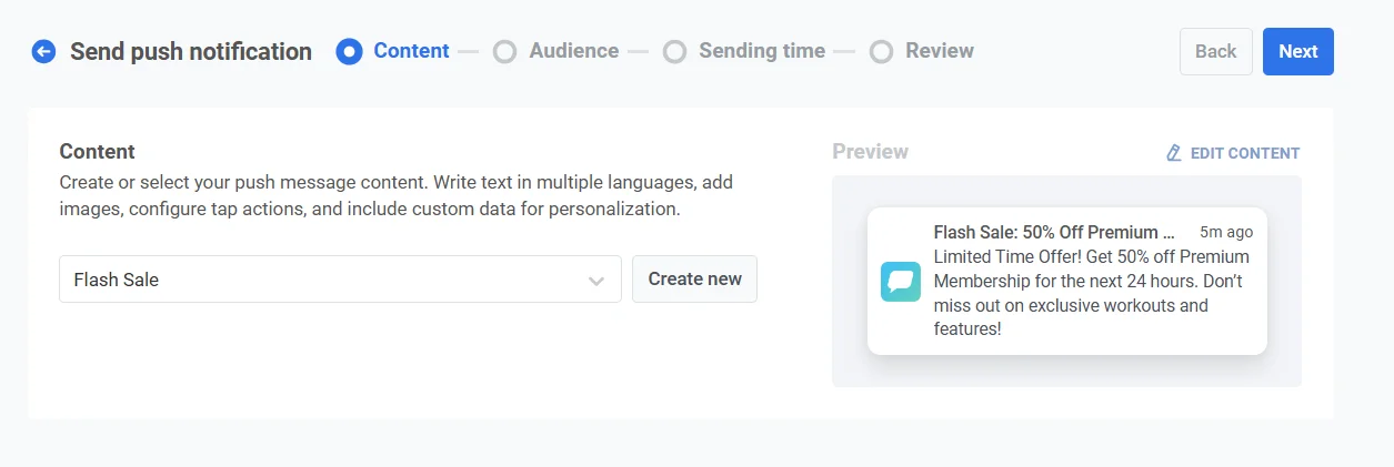 推送预设创建表单,显示“限时抢购”推送通知内容,包含标题和消息字段