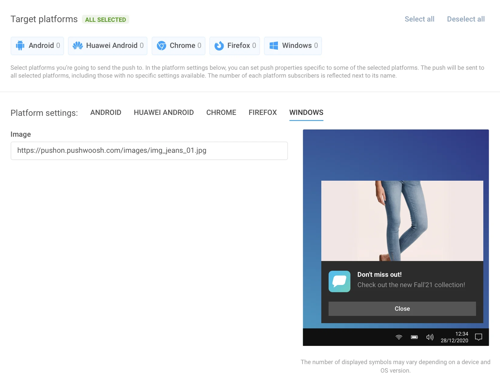 Windows 8 和 10 推送通知设置,显示 toast 模板选择列表和特定语言的输入字段