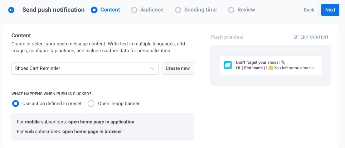 Use action defined in preset option for push click action