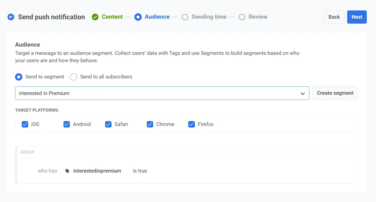 受众选择,显示“发送至细分”选项,并从下拉菜单中选择了“对高级服务感兴趣”的细分