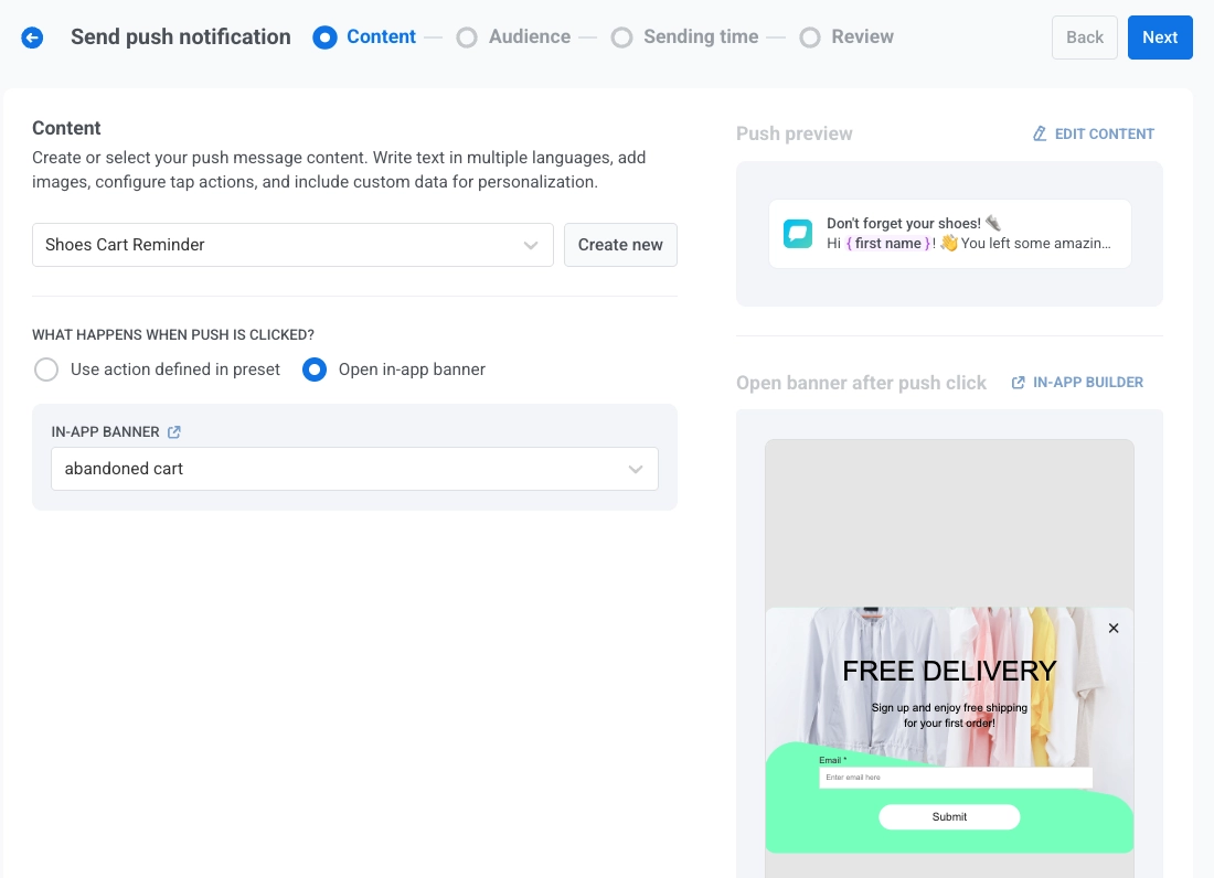 Preview of in-app banner selection after choosing Open in-app banner action for push