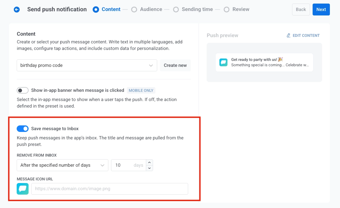 Interruptor de Guardar mensaje en la Bandeja de entrada habilitado con opciones de configuración de la bandeja de entrada visibles