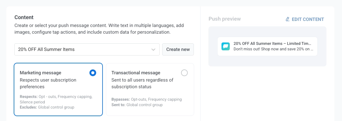 خطوة المحتوى مع خيارات رسالة تسويقية ورسالة معاملات