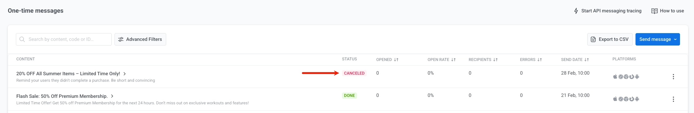 Delete message 후 Canceled 상태가 된 일회성 메시지 행