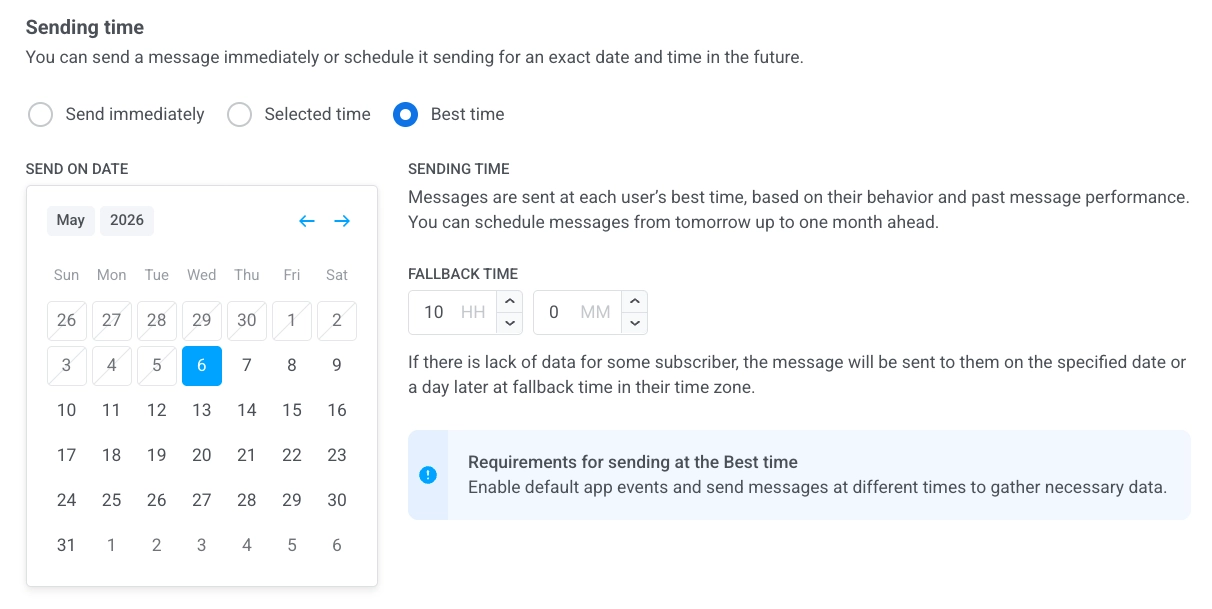 Best time scheduling for one-time push with date selection, fallback time fields, and requirements information.