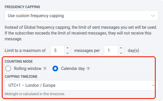 Counting mode section under custom frequency capping with Calendar day selected and a Capping timezone picker