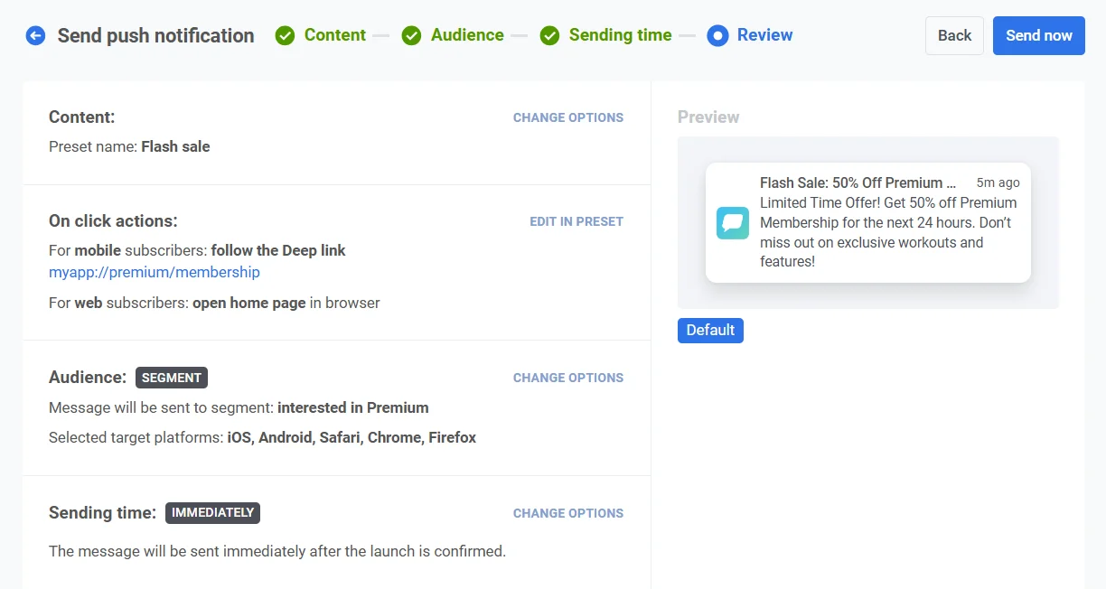 审核屏幕,显示完整的活动配置摘要,包括推送通知预览和设置