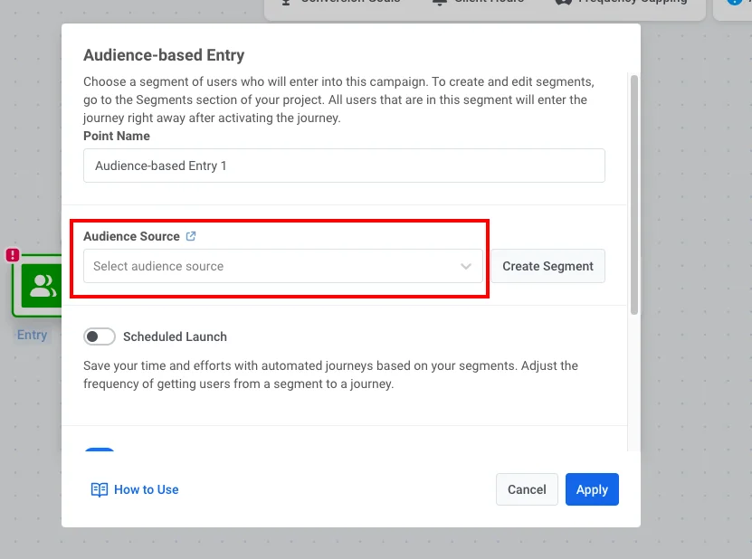 Audience-based Entry 元素,显示在 Audience Source 下拉菜单中选择了“Push Alerts Enabled”细分