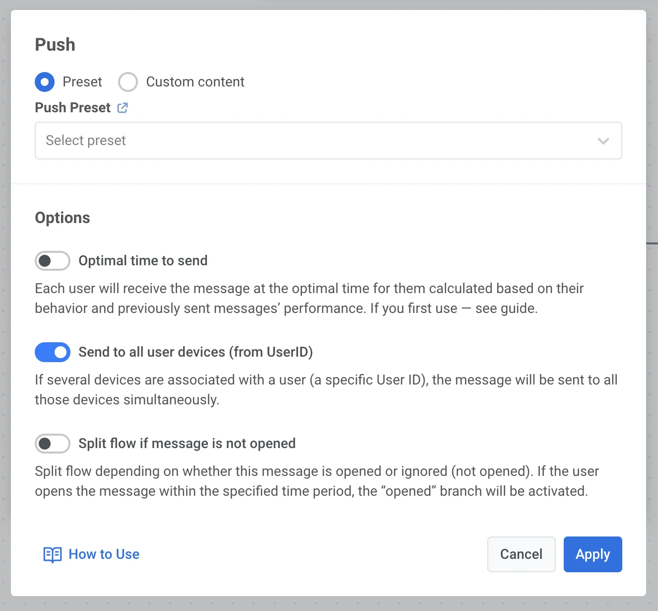 পুশ নোটিফিকেশন সেটিংস যা জার্নি কনফিগারেশনে Send to all devices অপশনটি সক্রিয় দেখাচ্ছে