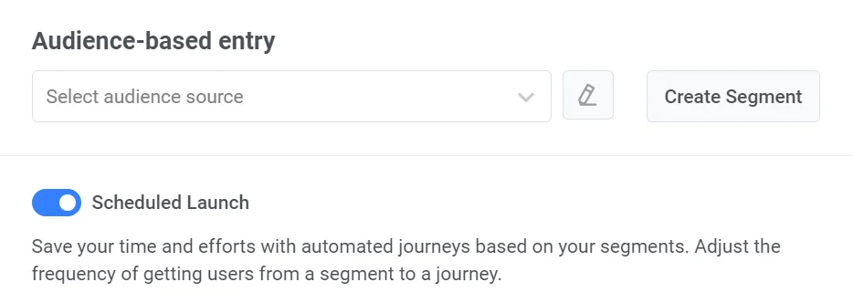 Element „Audience-based entry“ mit aktiviertem Schieberegler „Scheduled Launch“ für die Journey-Planung