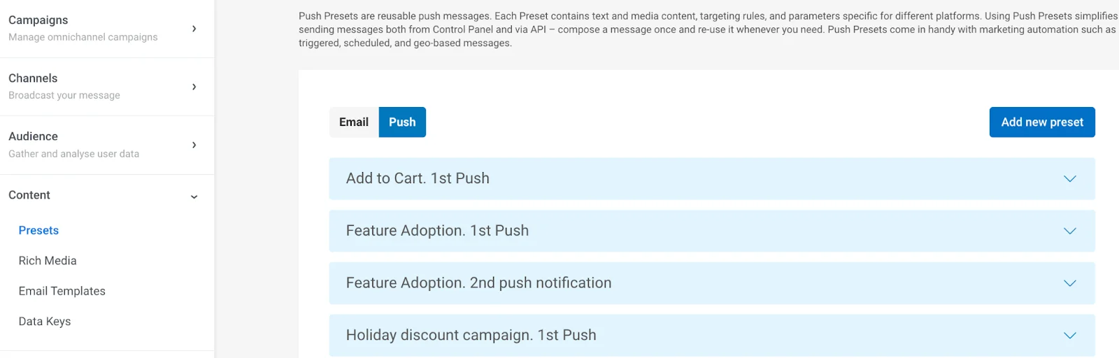 Content Presets page showing option to add a new push preset