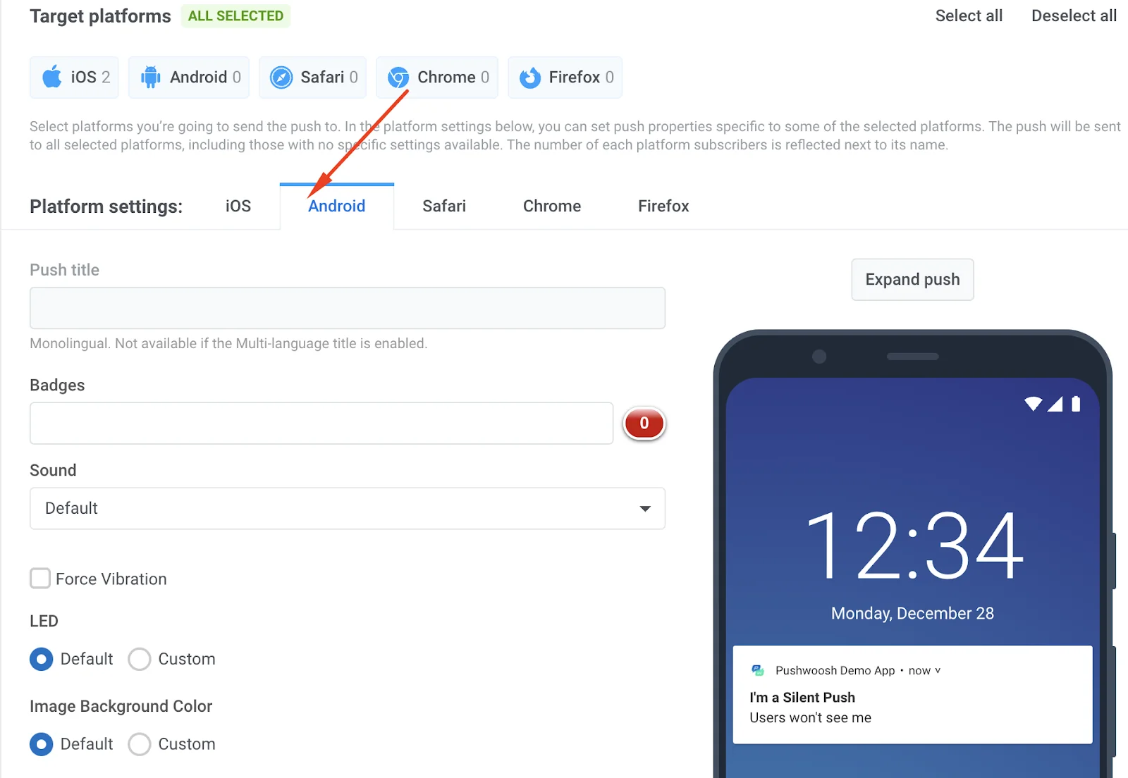 Platform selection screen showing iOS and Android options for push preset