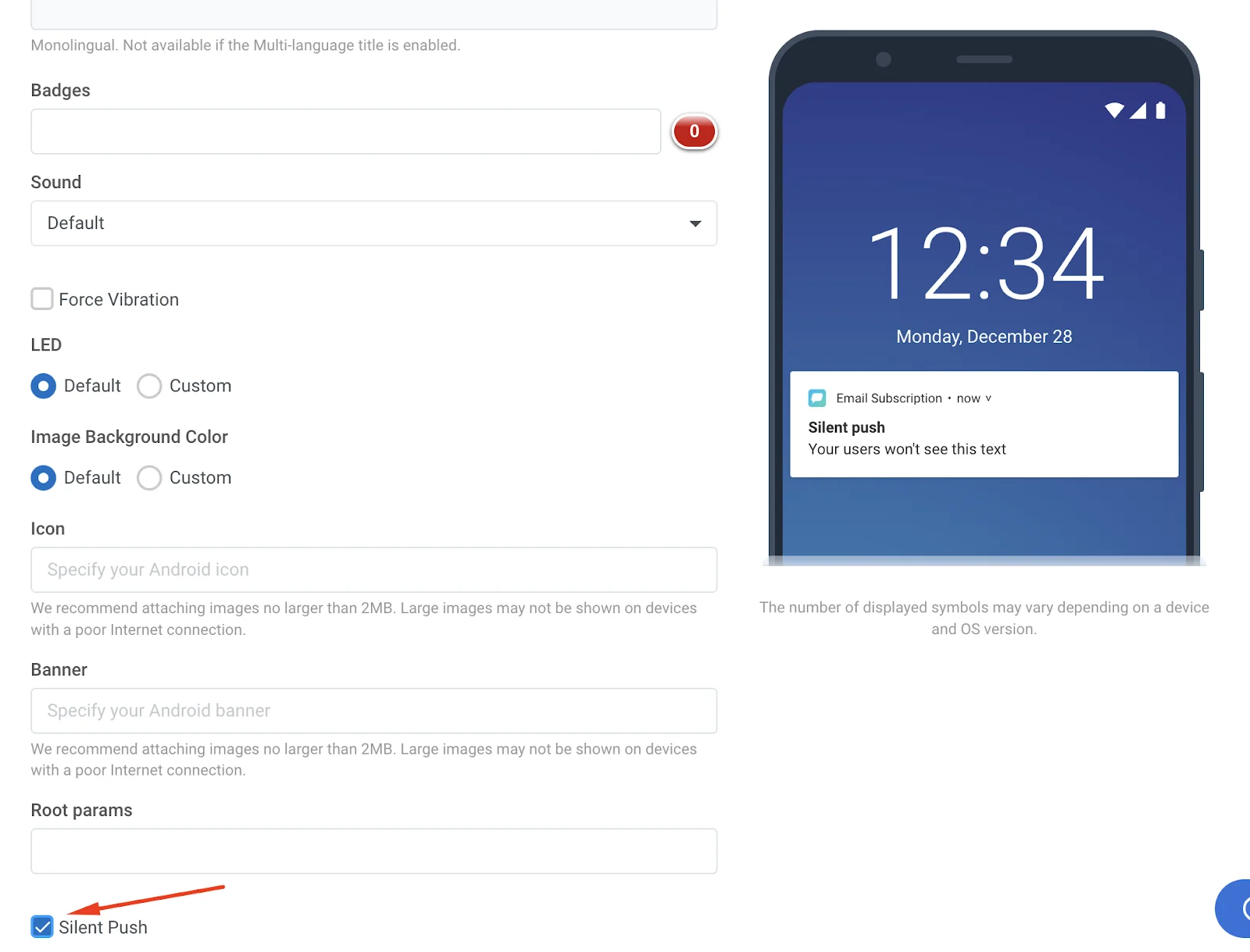 Push preset form showing title, subscription fields, and Silent Push checkbox enabled