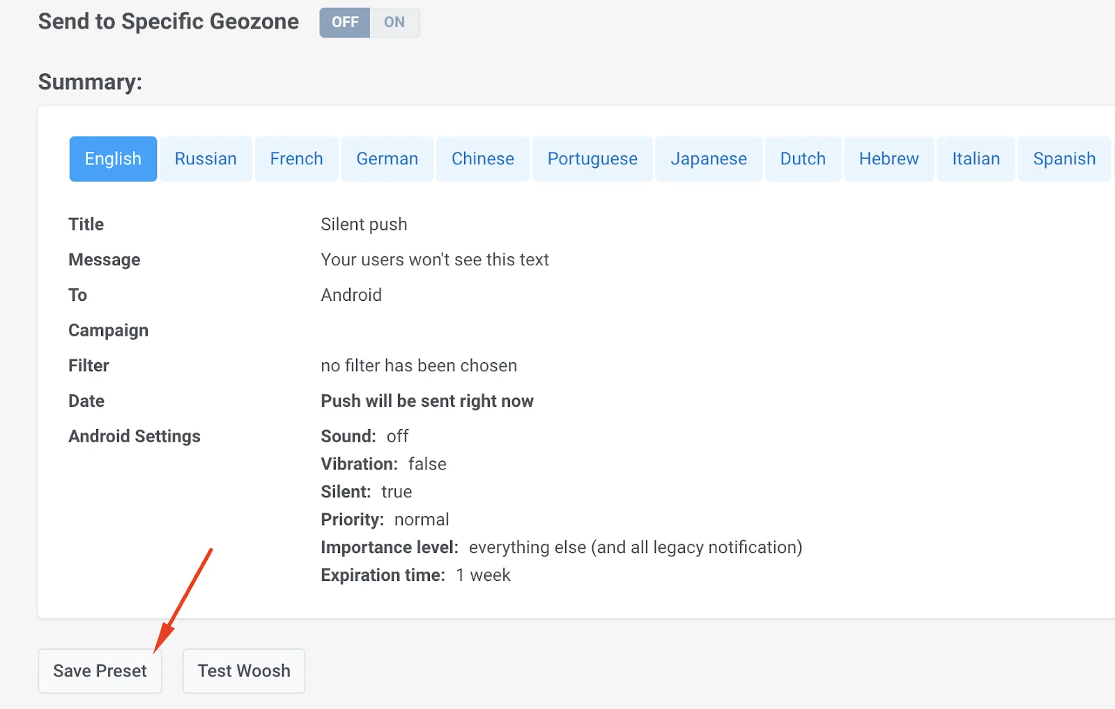 Save button at the bottom of the push preset configuration form