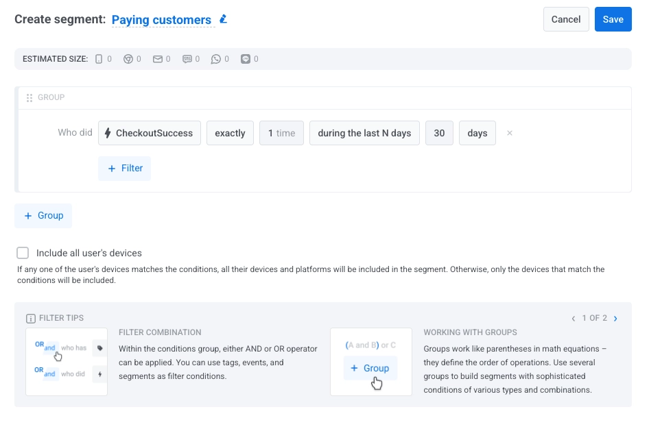 Segment creation screen showing Save segment button and configured filters