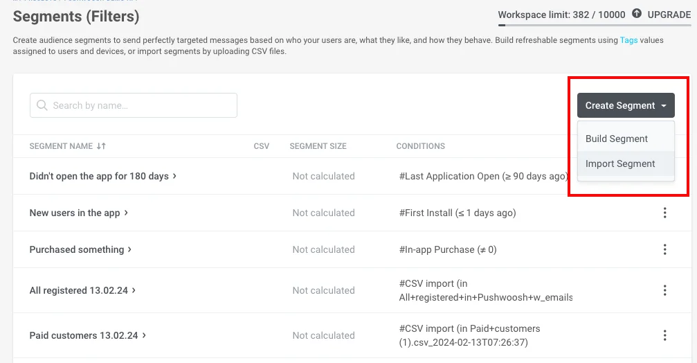 Página de segmentos mostrando o botão Criar Segmento com a opção Importar Segmento disponível