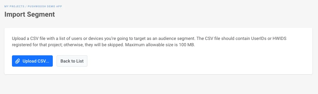 Caixa de diálogo Importar Segmento mostrando a opção de upload de arquivo CSV