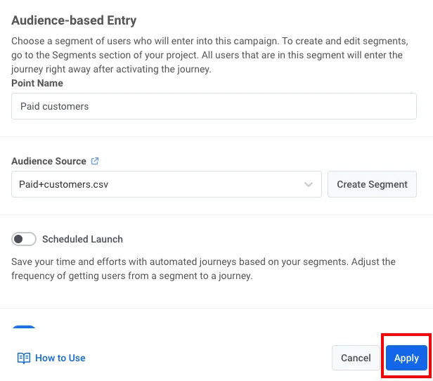 Elemento de Entrada Baseada no Público mostrando o segmento selecionado e o botão Aplicar
