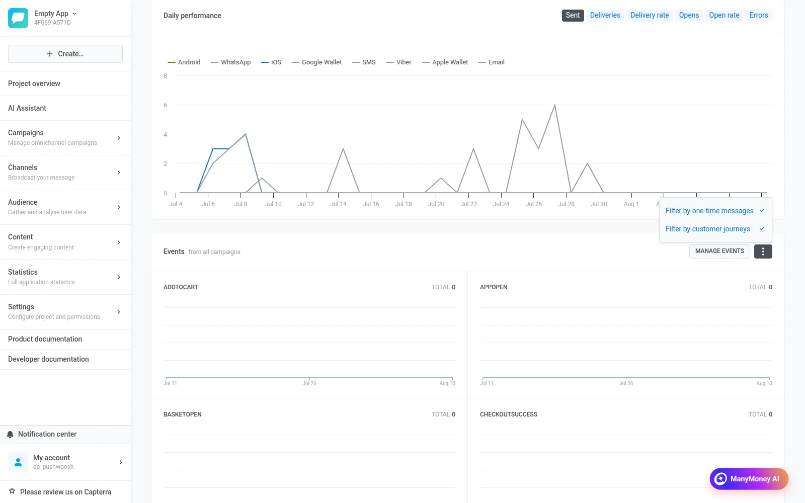 Events graph on the Overview page's Push tab, with the three-dot menu open showing Filter by one-time messages and Filter by customer journeys, both checked