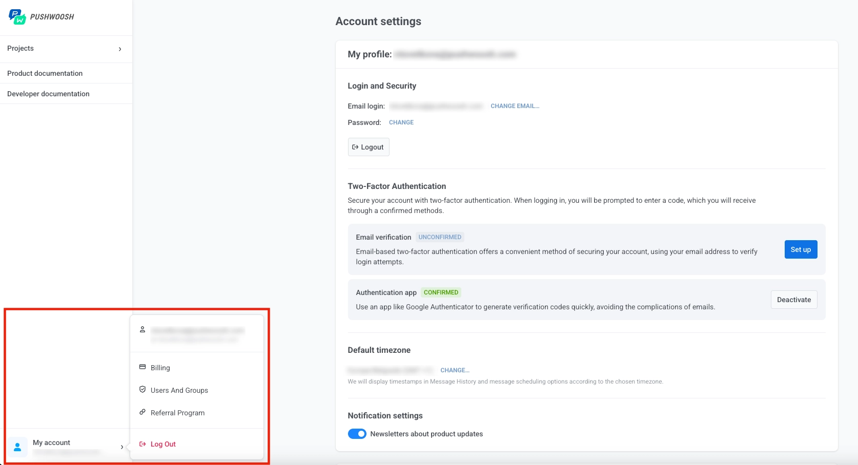 My account in sidebar: menu with account options including Billing, Users And Groups, Referral Program, and Log Out