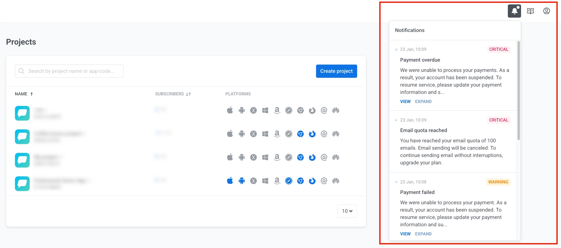 উপরের ডানদিকের কোণায় নোটিফিকেশন সেন্টার যা গুরুতর এবং সতর্কতামূলক সতর্কতা দেখাচ্ছে