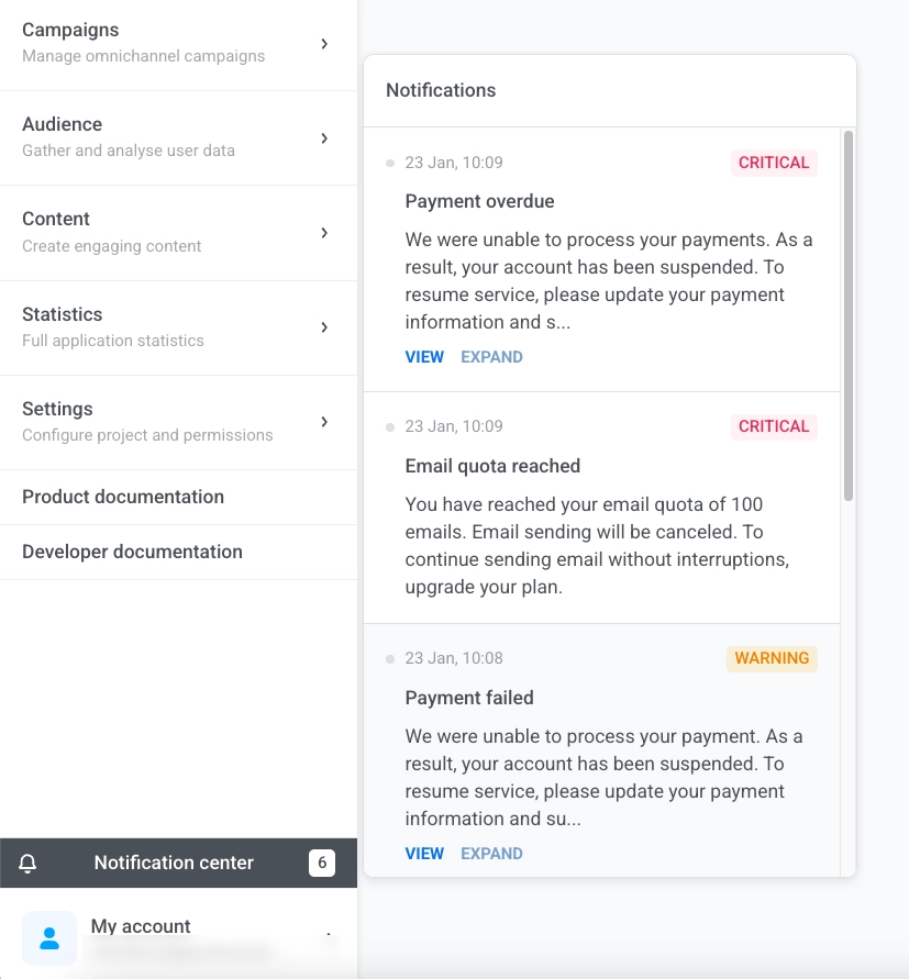 সাইডবারে নোটিফিকেশন সেন্টার যা গুরুতর এবং সতর্কতামূলক সতর্কতা দেখাচ্ছে