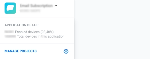 Project information in sidebar: project name, ID, application statistics, and Manage Projects link