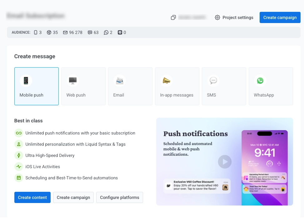 Project overview in main workspace: dashboard with project header, audience information, create message section, and quick action buttons