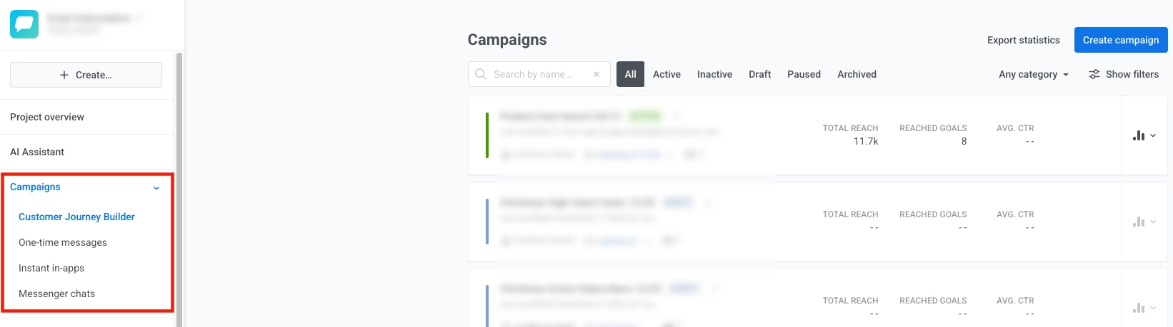 Campaigns section in sidebar: expandable menu with Customer Journey Builder, One-time messages, Instant in-apps, and Messenger chats