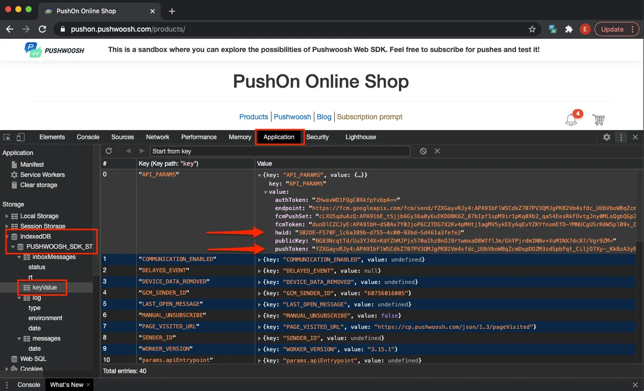 Onglet Application des Outils de développement Chrome montrant IndexedDB avec Pushwoosh SDK Store et keyValue contenant le HWID et le token push