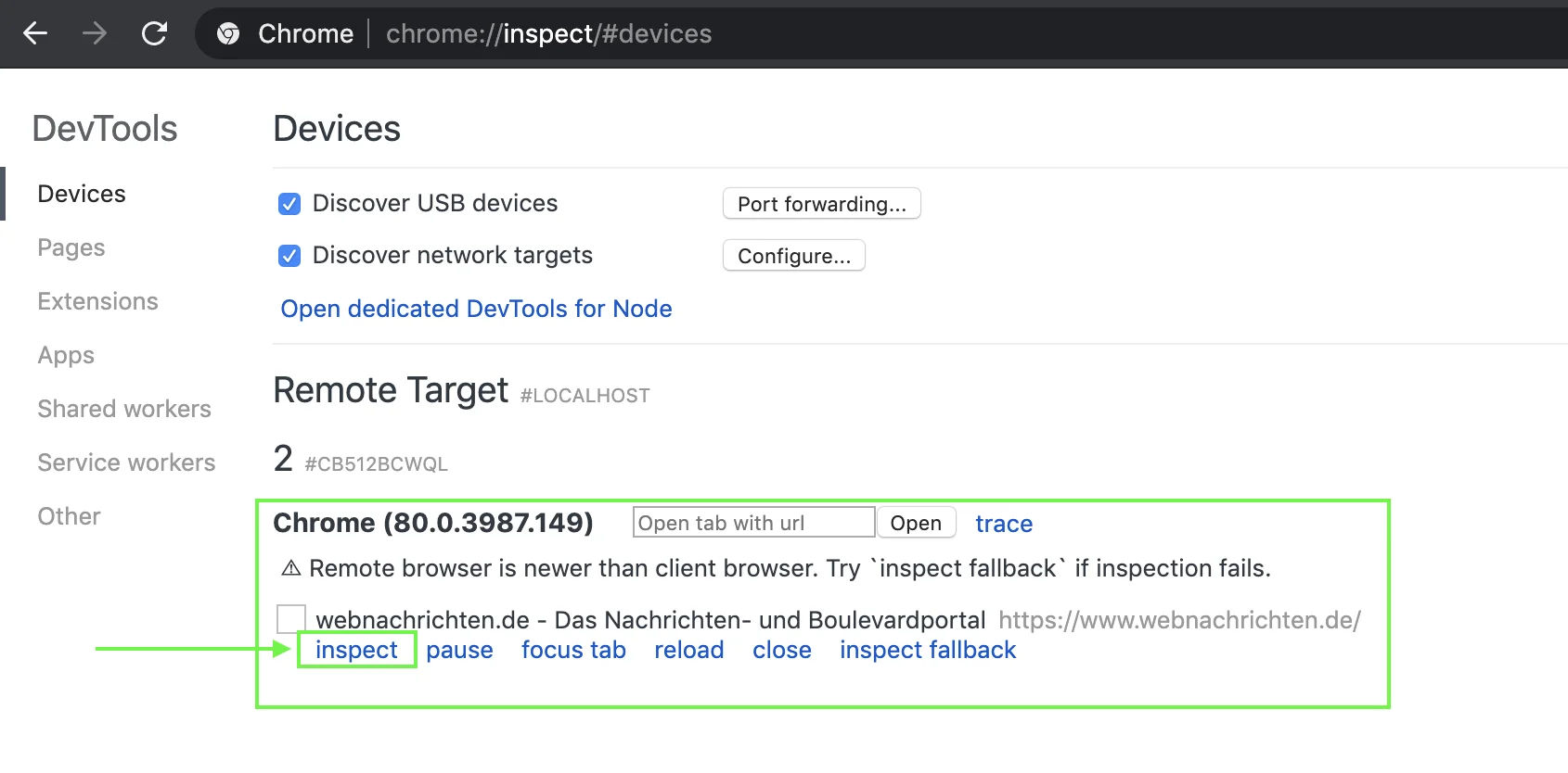 Page de débogage à distance de Chrome montrant un appareil mobile connecté avec le bouton Inspecter en surbrillance