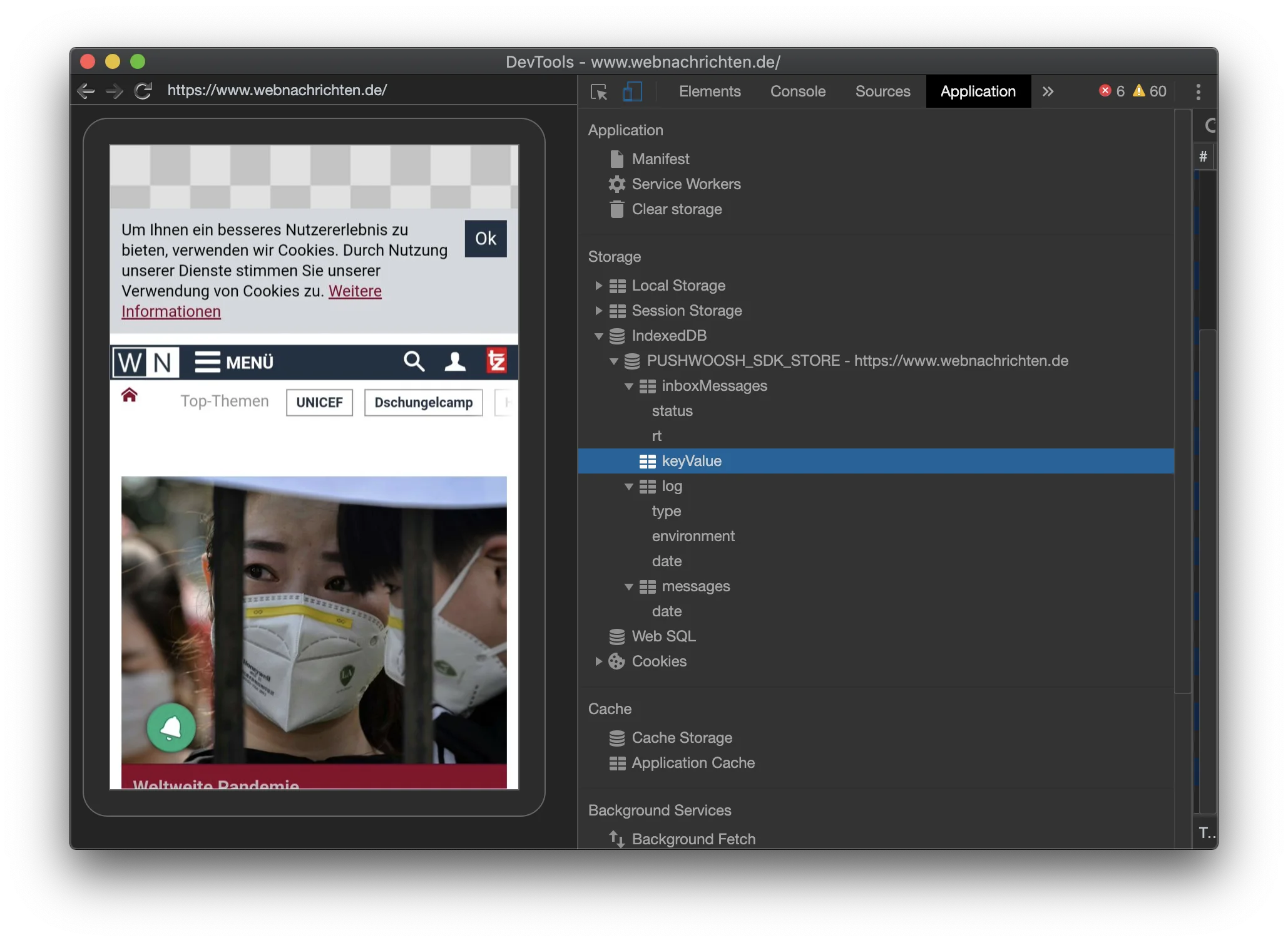 Onglet Application des Outils de développement Chrome montrant IndexedDB PUSHWOOSH SDK STORE avec la section API_PARAMS contenant hwid et token push