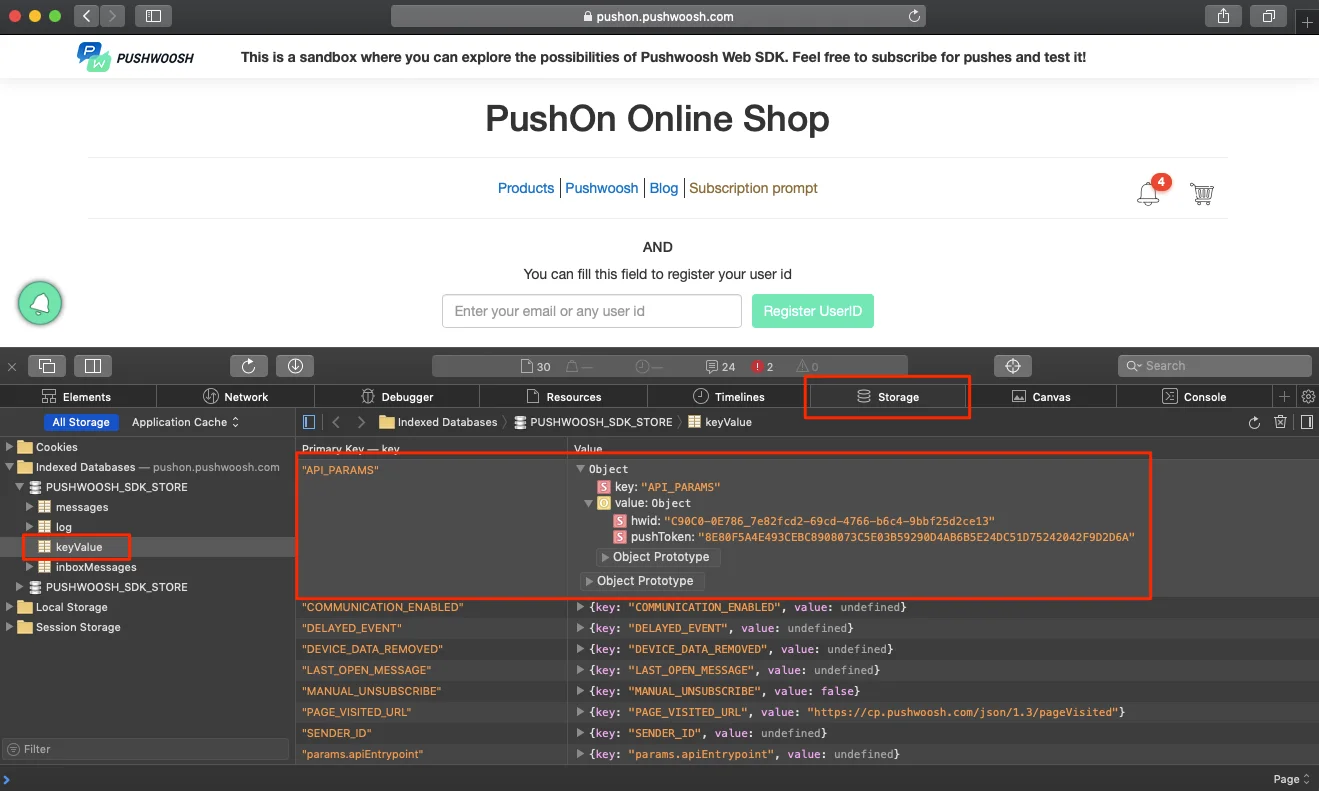 Onglet Stockage des Outils de développement Safari montrant les Bases de données indexées avec PUSHWOOSH SDK STORE keyValue contenant API_PARAMS avec hwid et token push