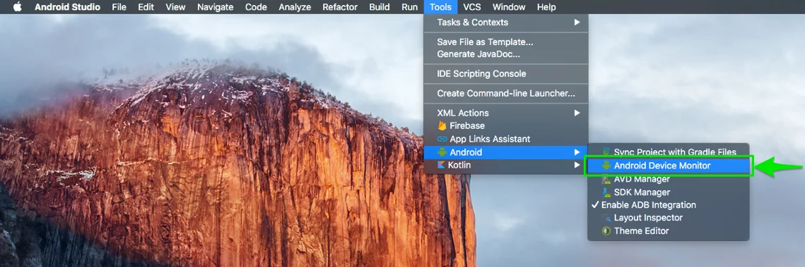 Fenêtre Android Device Monitor d'Android Studio montrant un appareil Android connecté