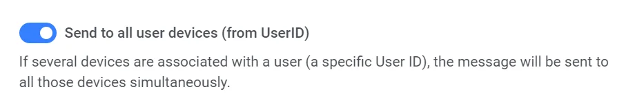 Botão 'Enviar para todos os dispositivos do usuário' ativado nas configurações do elemento de mensagem da Customer Journey