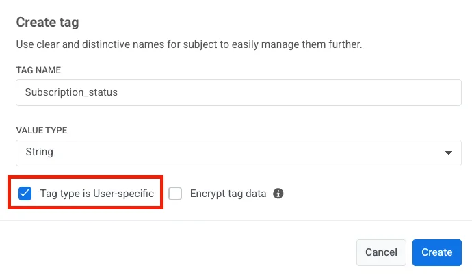 Checkbox-Option 'Benutzerspezifisch' beim Erstellen eines neuen Tags im Pushwoosh Control Panel