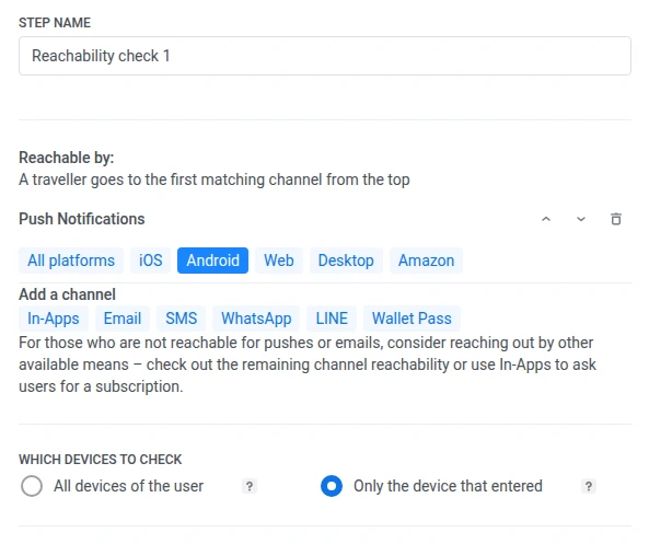 Which devices to check set to Only the device that entered, Push Notifications narrowed to Android