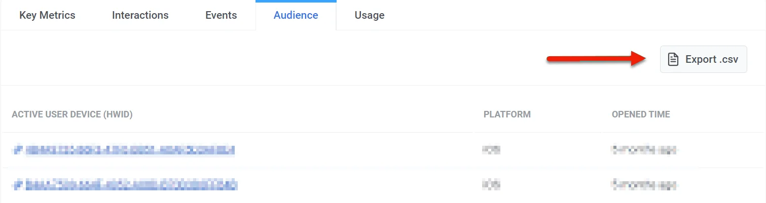 Exportation des données utilisateur depuis l'onglet Audience