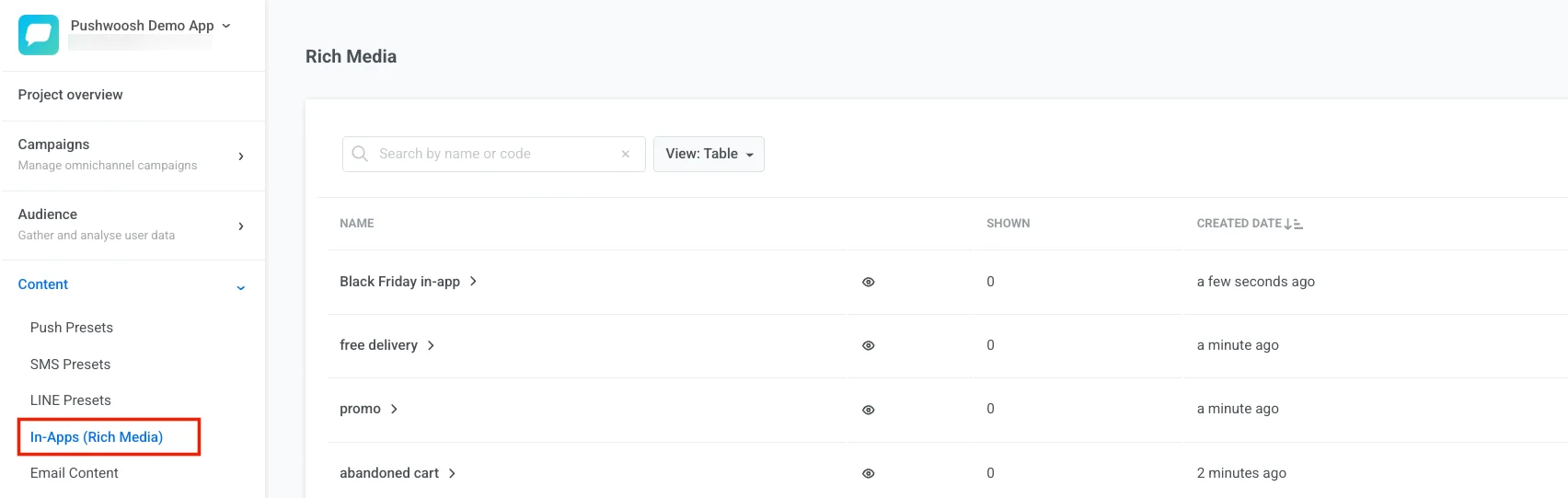 Liste des modèles d'in-app prêts à l'emploi