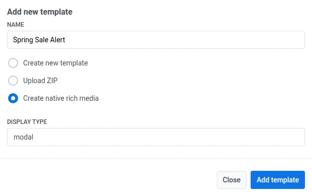 Add new template dialog with Create native rich media selected and the display type dropdown set to modal