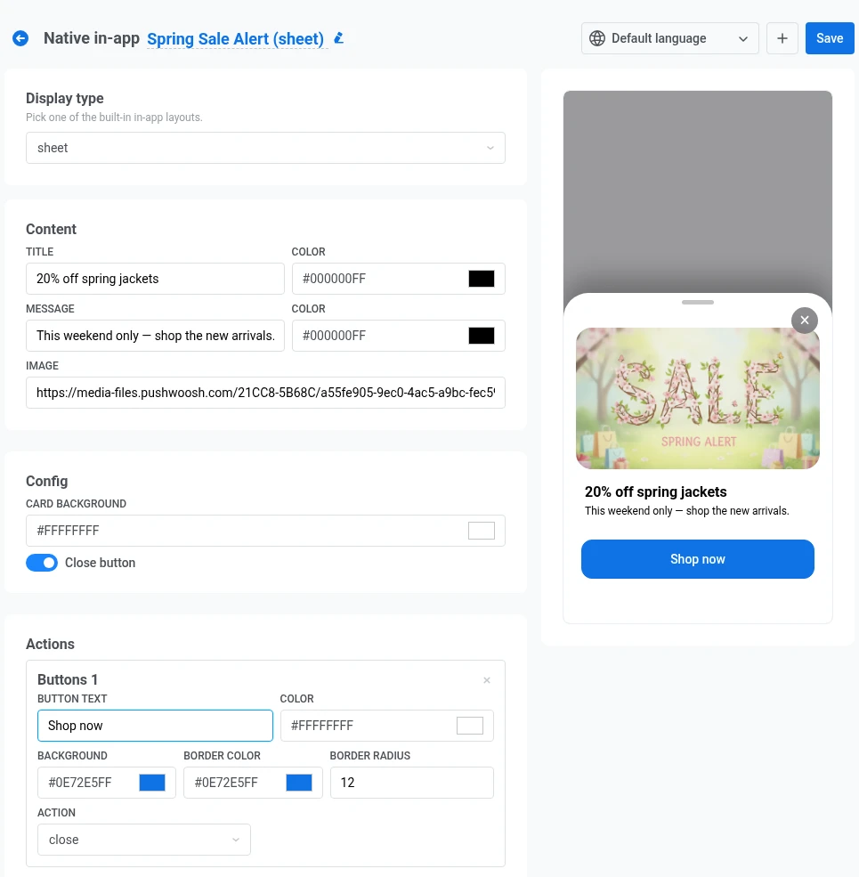 Native in-app editor for the sheet display type with Content, Config, and Actions fields, and a live mobile preview
