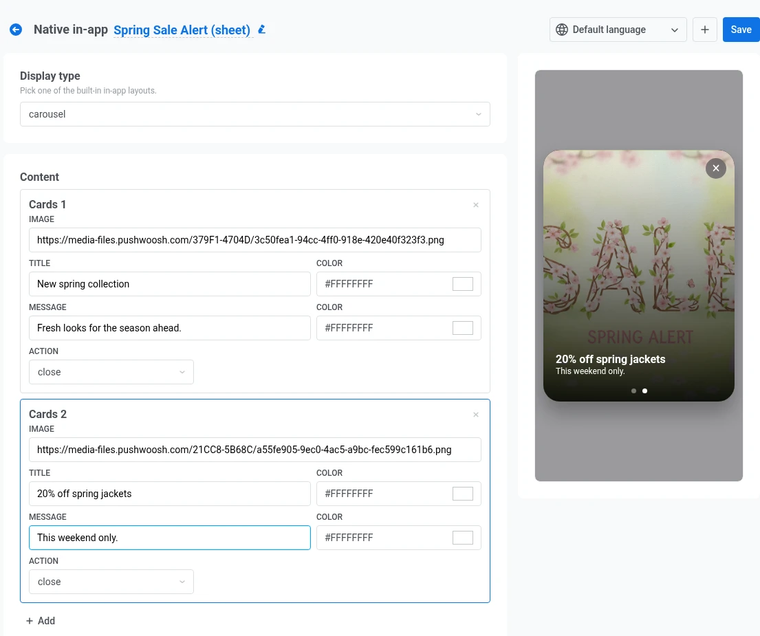 Native in-app editor for the carousel display type with two Cards entries and a live mobile preview showing pagination dots
