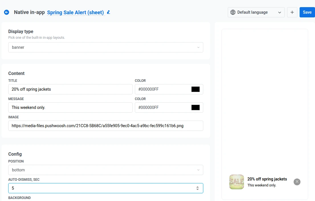 Native in-app editor for the banner display type with Position, Auto-dismiss, and Action fields, and a live mobile preview pinned to the bottom