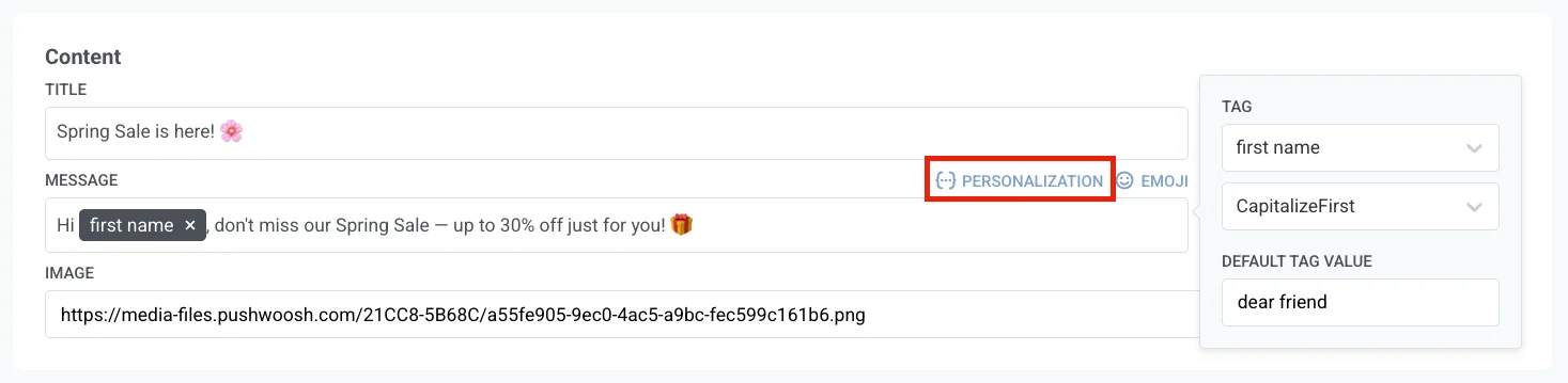 Message field with a first name tag chip, Personalization and Emoji controls, and a panel for Tag, format modifier, and default tag value