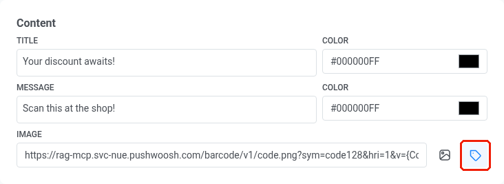 Image field in the Content section with the Build a barcode icon highlighted next to Choose from Media storage