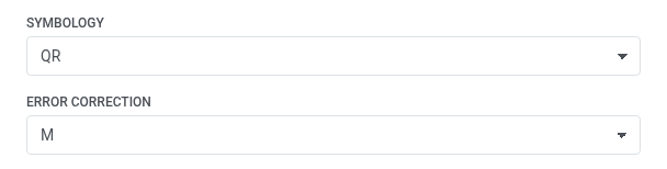 Symbology dropdown set to QR with the Error correction dropdown that appears below it, set to M