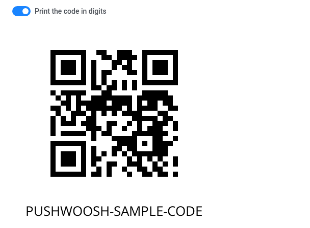 Print the code in digits toggle switched on, with the sample QR code and its printed PUSHWOOSH-SAMPLE-CODE text below it